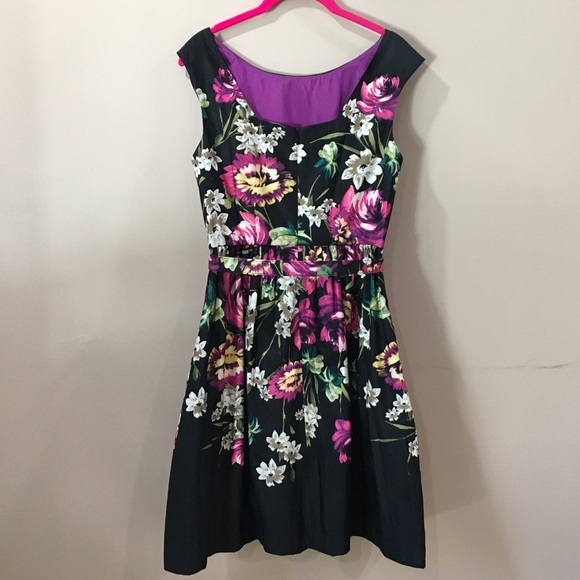 Eliza J A Line Dress Womens 4 Black Purple Floral Belted Lined Sleeveless - Picture 3 of 9
